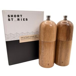 Short Stories Salt & Pepper Grinder Set Brown Acacia Wood Modern Boho Decor